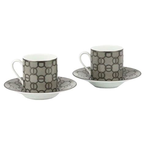 Hermès Fil D'Argent Set of 2 Porcelain Coffee Cup and Saucer